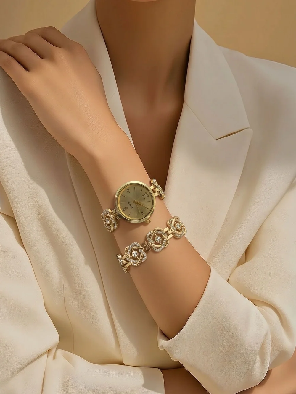 Elegant Women’s Gold Watch & Matching Rhinestone Bracelet Set